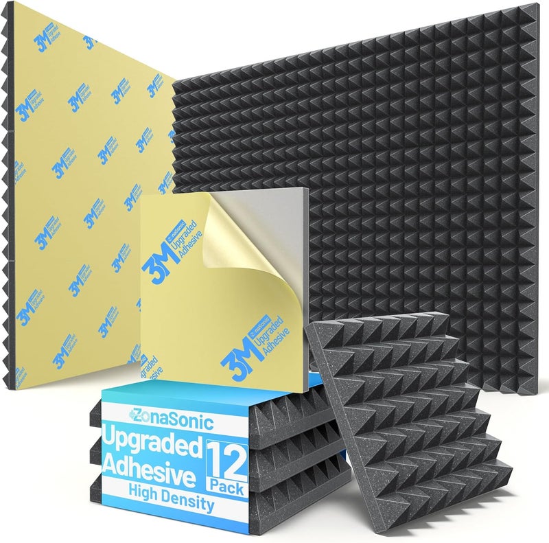 ZonaSonic 12 Pack Pyramid Sound Proof Foam Panels for Walls with Updated Self-Adhesive 2"X12"X12" High Density Acoustic Panels Sound Absorbing Fast-Expanding Soundproof Wall Panels for Gaming Studio Decor-Black - Image 1